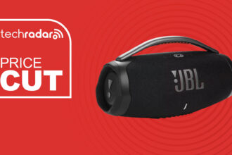 JBL Boombox 3 Portable Bluetooth Speaker on red background with TechRadar price cut sign