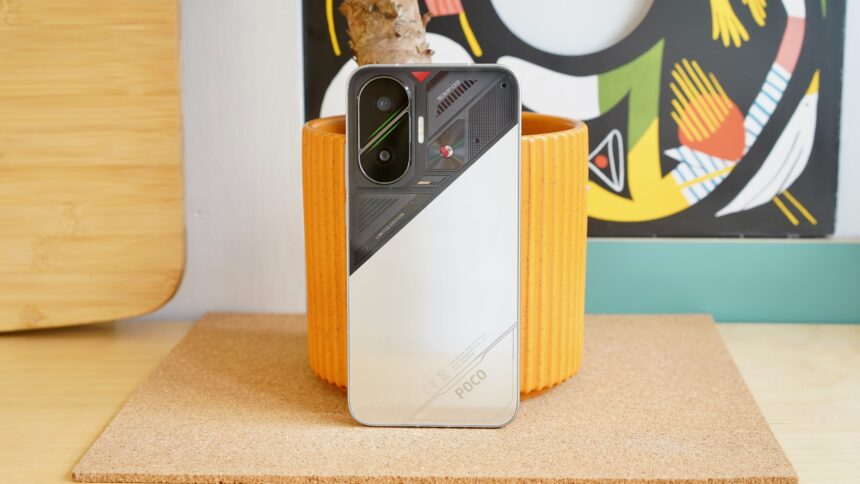 Xiaomi Poco F7 phone from multiple angles showing screen, cameras, and edges