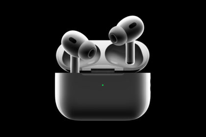 AirPods Pro 2 buds rising out of their case on a black background