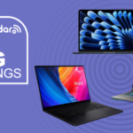 Three laptops on a purple background next to a TechRadar badge reading 'Big Savings'