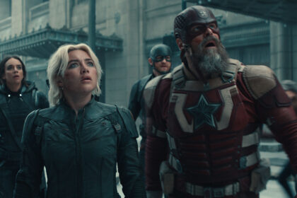 Ghost, Yelena, Red Guardian, and John Walker looking shocked at something happening off-camera in Marvel's Thunderbolts movie