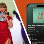 Taylor Swift at the 2025 Grammy Awards next to an image of a new Taylor Swift curated Spotify playlist
