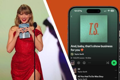 Taylor Swift at the 2025 Grammy Awards next to an image of a new Taylor Swift curated Spotify playlist