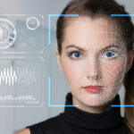 A person's face against a digital background.
