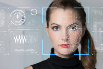 A person's face against a digital background.