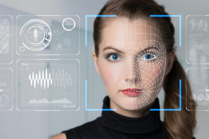 A person's face against a digital background.