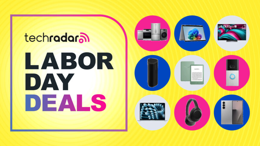 Collage of tech from the Best Buy Labor Day sale, including appliances, laptops, TVs, headphones, and phones, next to the TechRadar Labor Day deals logo
