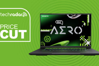 gigabyte Aero X16 on green background with price cut text overlay
