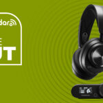The SteelSeries Arctis Nova Pro Wireless gaming headset on a green background with white price cut text