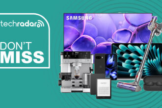 Collage of tech deals from the Currys bank holiday sale, including a Samsung TV, MacBook, Ninja coffee maker, Kindle, Dyson and Sony earbuds