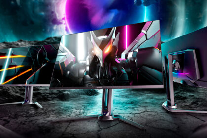 Gigabyte Aorus FO27Q5P monitor shown from front and rear on a futuristic landscape
