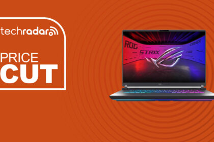 The Asus ROG Strix G16 Gaming Laptop on a red background with text saying Price Cut.