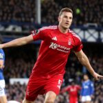 Chris Wood of Nottingham Forest celebrates scoring his team's first goal during the Premier League match between Everton FC and Nottingham Forest FC at Goodison Park on December 29, 2024 in Liverpool, England.
