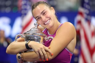 Aryna Sabalenka of Belarus celebrates with the winners trophy after defeating Jessica Pegula of the United States to win the Women's Singles Final on Day Thirteen of the 2024 US Open at USTA Billie Jean King National Tennis Center on September 07, 2024 in the Flushing neighborhood of the Queens borough of New York City.