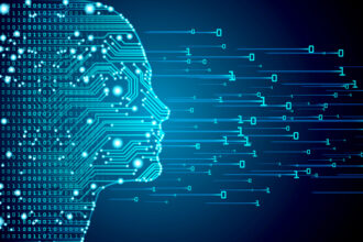 An AI face in profile against a digital background.