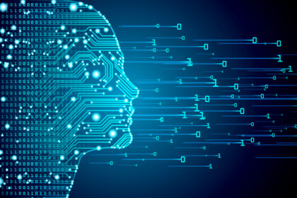 An AI face in profile against a digital background.