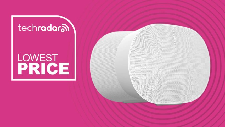 The Sonos Era 300 on a magenta background featuring the words 'Lowest price'.