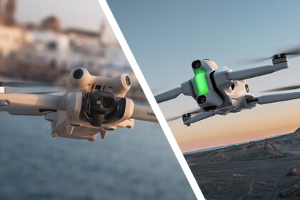 The DJI Mini 4 Pro flying next to the Insta360 Antigravity A1 drone