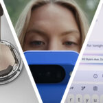 A Pixel Watch 4 being repaired, a woman looking at a blue Pixel 10, and a phone screen showing Google's Magic Cue feature during texting