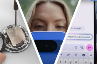 A Pixel Watch 4 being repaired, a woman looking at a blue Pixel 10, and a phone screen showing Google's Magic Cue feature during texting