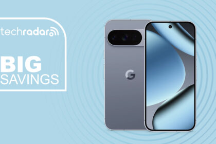 Google Pixel 10 Pro on blue background with big savings text overlay