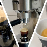 Split image of person putting filter in drip coffee machine, and espresso machine dispensing coffee