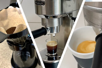 Split image of person putting filter in drip coffee machine, and espresso machine dispensing coffee