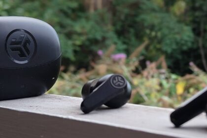 The JLab Go Pods ANC on a window sill.