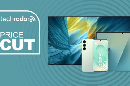 Samsung OLED TV, Galaxy Z Fold 7, and Galaxy S25 on blue green background with price cut text overlay