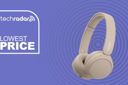 Sony WH-CH520 against violet background with the words 'TechRadar: Lowest Price' positioned to the left of the headphones