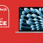 The Apple MacBook Air 13-inch (M4) on a red background with text saying Lowest Price.