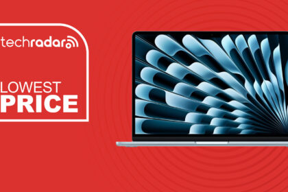 The Apple MacBook Air 13-inch (M4) on a red background with text saying Lowest Price.