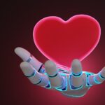 Robotic arm having a glowing red heart floating above its palm on dark background. Illustration of the concept of emotion artificial intelligence and digital feeling