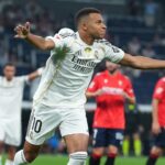 Kylian Mbappé of Real Madrid celebrates scoring his team's first goal the LaLiga EA Sports match between Real Madrid CF and CA Osasuna at Estadio Santiago Bernabeu on August 19, 2025 in Madrid, Spain.