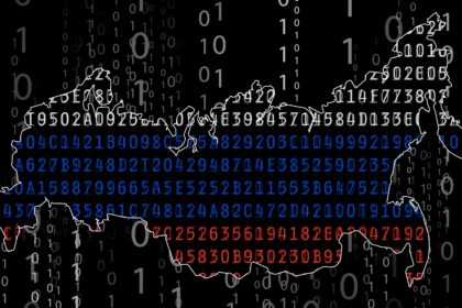 Shape of Russia filled with Russian flag-colored internet codes on a black hacking background