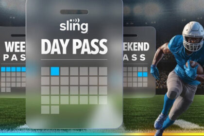 A calendar with the words 'Sling Day Pass' is overlayed on top of a football field with a player running next to it