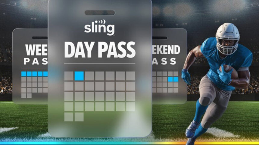 A calendar with the words 'Sling Day Pass' is overlayed on top of a football field with a player running next to it