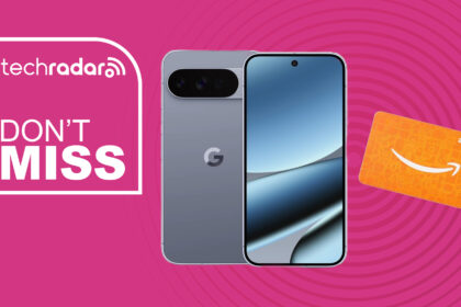 The Google Pixel 10 Pro on a pink deals background