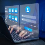 Secure online access with password and login page to manage personal profile account. Secured connection and data security on internet. Cybersecurity and sign in form. User working on laptop computer.
