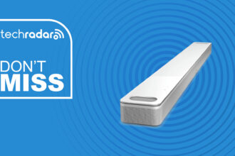 Bose Smart Ultra Soundbar in white on blue background with TechRadar don't miss sign