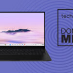 open Samsung Galaxy Chromebook Plus on purple background with TechRadar don't miss sign