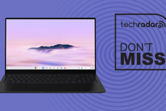 open Samsung Galaxy Chromebook Plus on purple background with TechRadar don't miss sign