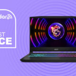 MSI Katana 15 gaming laptop on purple background with lowest price text overlay