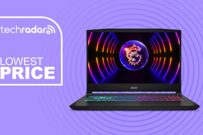 MSI Katana 15 gaming laptop on purple background with lowest price text overlay
