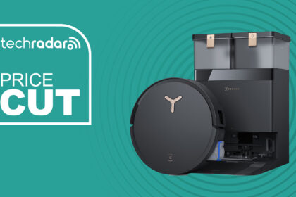 The Ecovacs Deebot X8 Pro Omni robot vacuum cleaner on a green background with the TechRadar deals badge for price cut