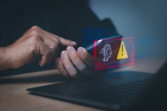 Users display warnings about the use of artificial intelligence (AI), access to malicious software or threats to online hackers. computer cyber security Warning concept or tech scam.