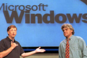Bill Gates and Jay Leno at the Windows 95 launch in 1995