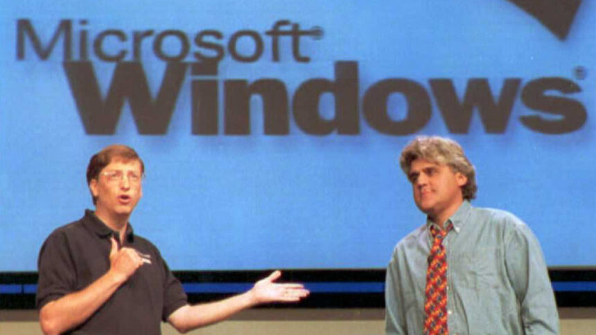 Bill Gates and Jay Leno at the Windows 95 launch in 1995