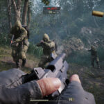 First person action Naked Snake shooting his pistol at guards in Metal Gear Solid Delta: Snake Eater