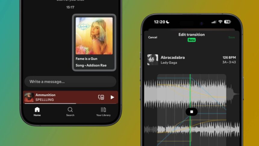 Screenshots of Spotify's new Mix function and Messages feature side-by-side